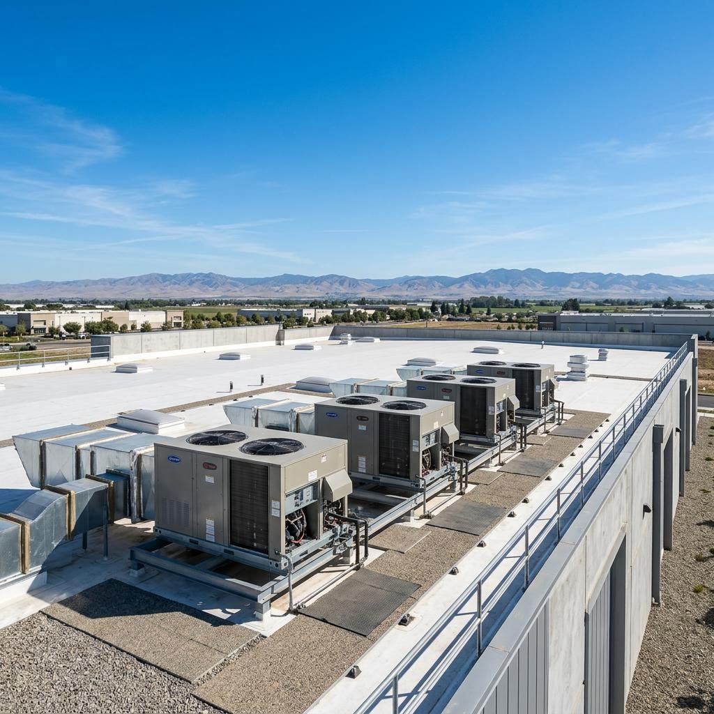 Commercial rooftop HVAC units under a clear sky